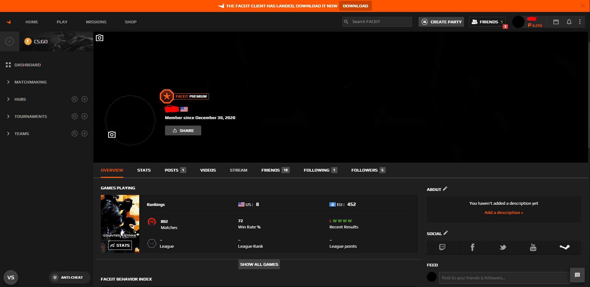 SOLD 🔥3825Elo FaceIt, 802 games played 72 win rate. Top 10 USA🔥100
