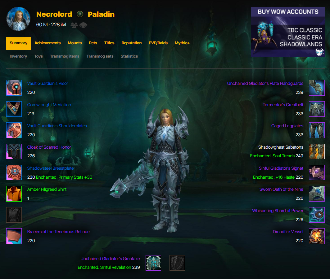 Selling] Rare WoW Account for Sale. 228+ ILVL 4 FC WOTLK, ARENA LORD, RARE  MOUNTS. + PAL T5 ON TBC